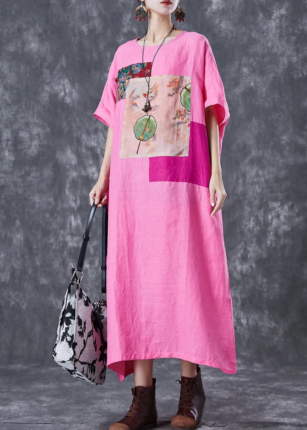 Beautiful Pink Oversized Patchwork Linen Ankle Dress Batwing Sleeve Ada Fashion