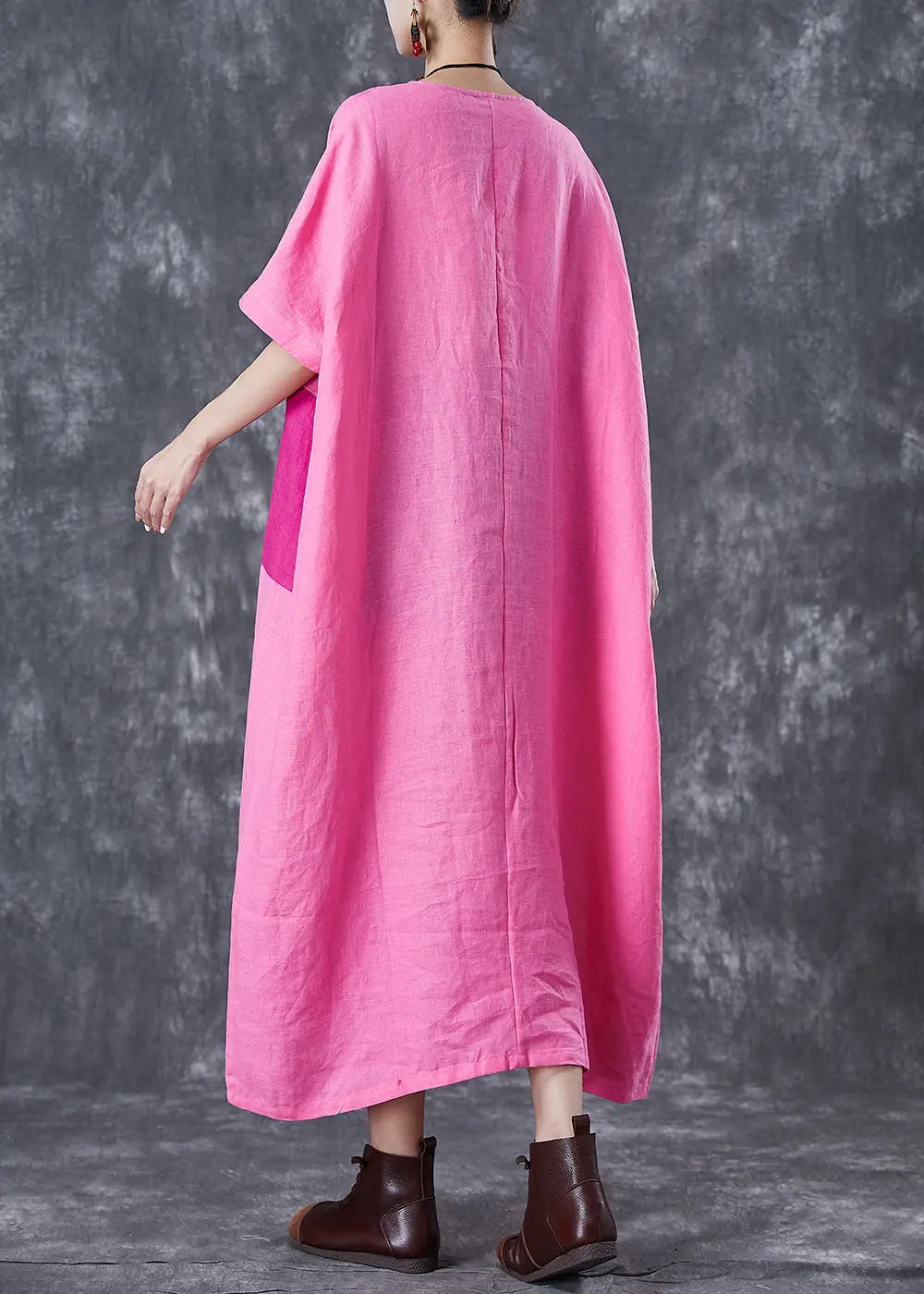 Beautiful Pink Oversized Patchwork Linen Ankle Dress Batwing Sleeve Ada Fashion