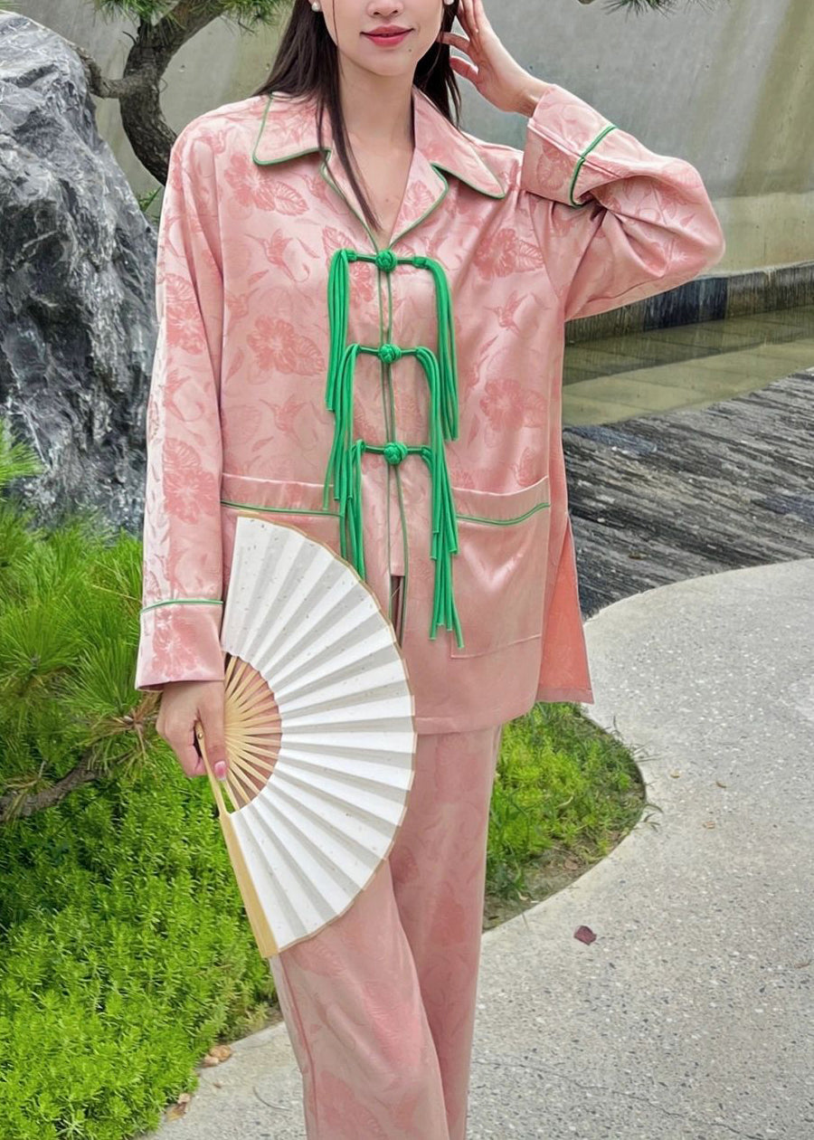 Beautiful Pink Peter Pan Collar Print Button Ice Silk Pajamas Two Pieces Set Spring TO1041