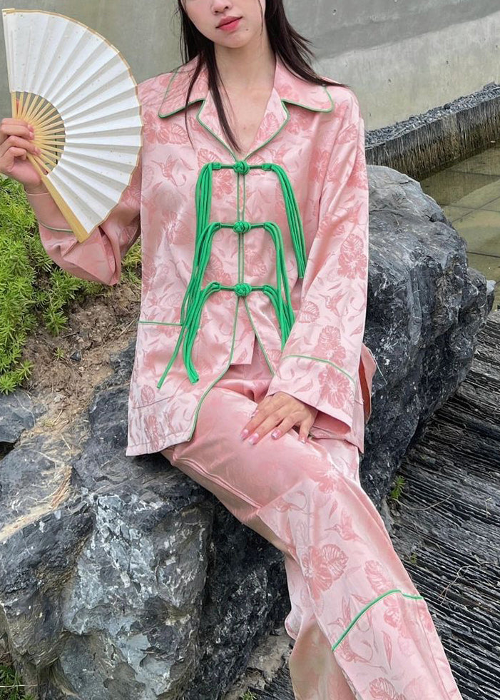 Beautiful Pink Peter Pan Collar Print Button Ice Silk Pajamas Two Pieces Set Spring LY1908 - fabuloryshop