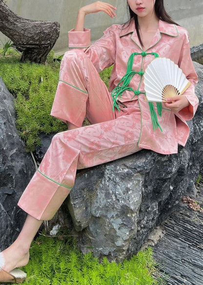 Beautiful Pink Peter Pan Collar Print Button Ice Silk Pajamas Two Pieces Set Spring LY1908 - fabuloryshop