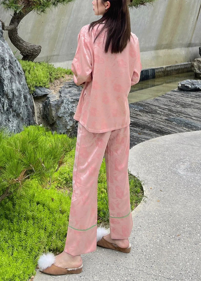 Beautiful Pink Peter Pan Collar Print Button Ice Silk Pajamas Two Pieces Set Spring TO1041 - fabuloryshop