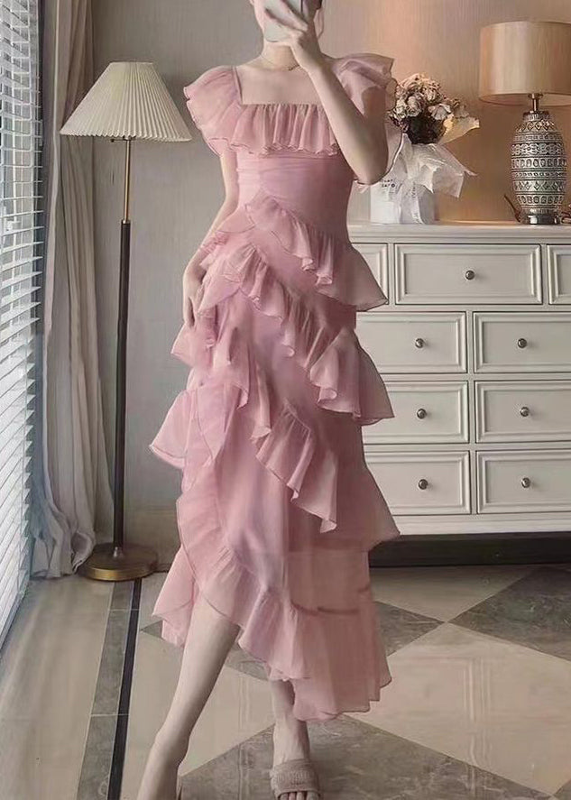 Beautiful Pink Ruffled Asymmetrical Design Patchwork Chiffon Dresses Summer Ada Fashion