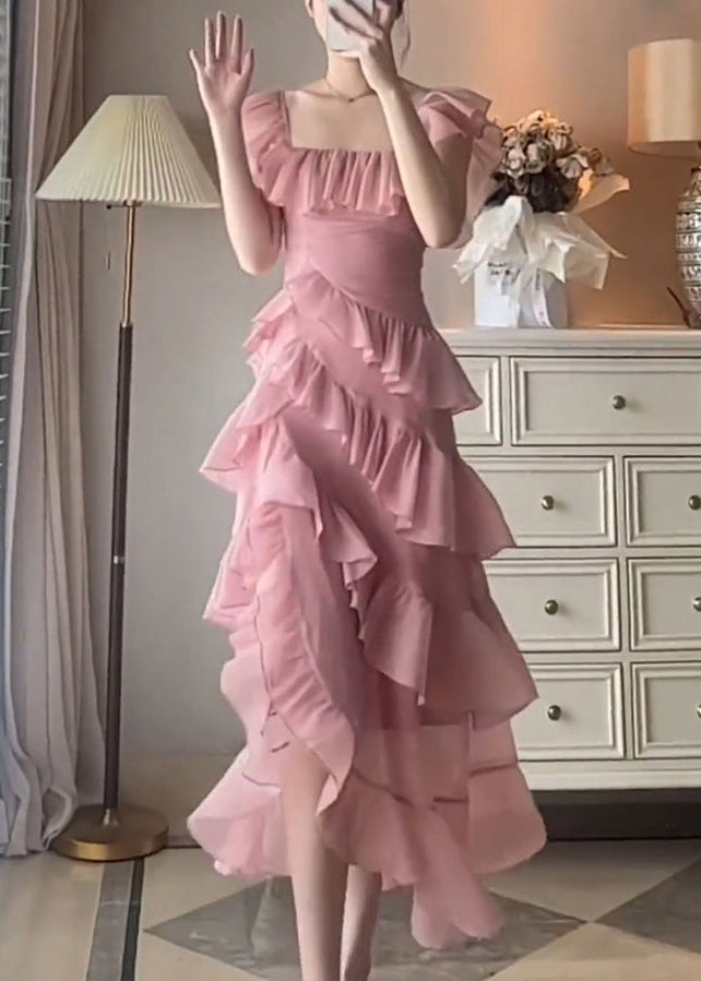 Beautiful Pink Ruffled Asymmetrical Design Patchwork Chiffon Dresses Summer Ada Fashion