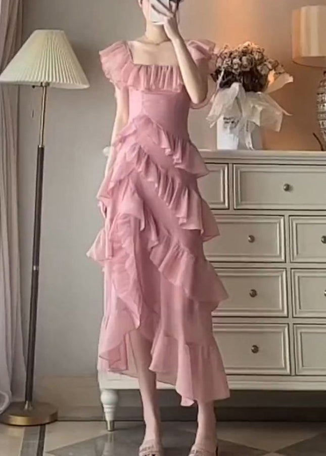 Beautiful Pink Ruffled Asymmetrical Design Patchwork Chiffon Dresses Summer Ada Fashion