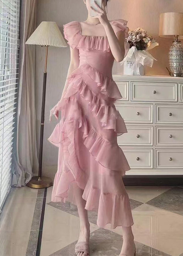 Beautiful Pink Ruffled Asymmetrical Design Patchwork Chiffon Dresses Summer Ada Fashion