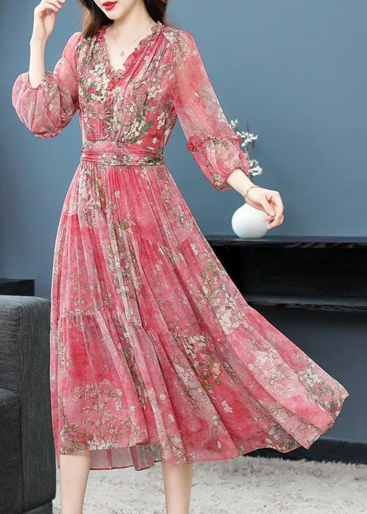 Beautiful Pink Ruffled Wrinkled Print Patchwork Silk Dress Summer TI1011 - fabuloryshop