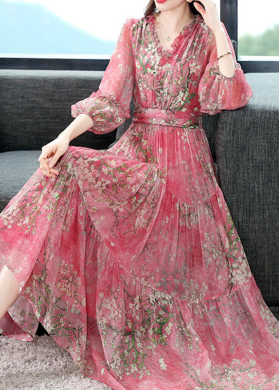 Beautiful Pink Ruffled Wrinkled Print Patchwork Silk Dress Summer TI1011 - fabuloryshop