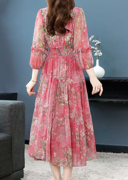 Beautiful Pink Ruffled Wrinkled Print Patchwork Silk Dress Summer LY4510 - fabuloryshop