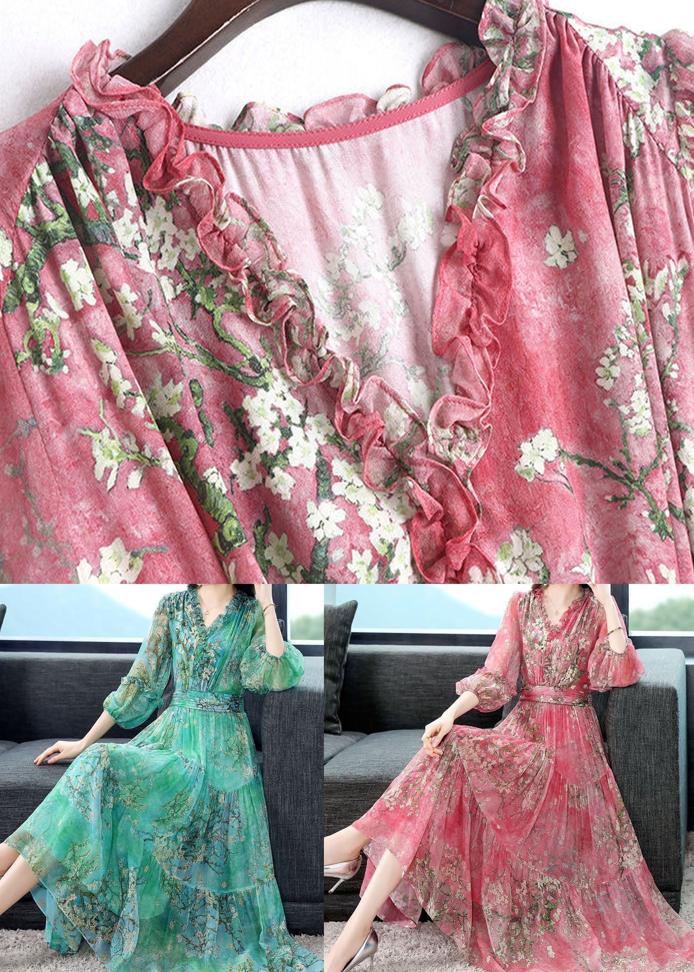 Beautiful Pink Ruffled Wrinkled Print Patchwork Silk Dress Summer TI1011 - fabuloryshop