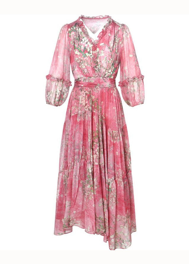 Beautiful Pink Ruffled Wrinkled Print Patchwork Silk Dress Summer TI1011 - fabuloryshop