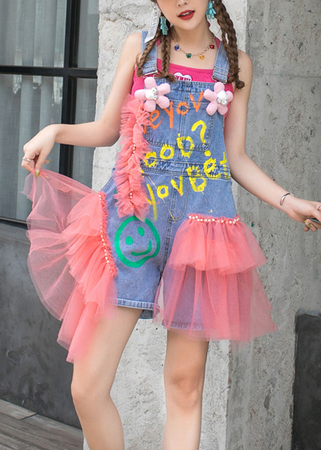 Beautiful Pink Slash Neck Organza Patchwork Tassel Denim Jumpsuit Summer LY6046 - fabuloryshop