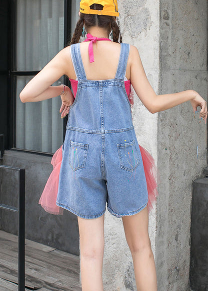 Beautiful Pink Slash Neck Organza Patchwork Tassel Denim Jumpsuit Summer LY6046 - fabuloryshop