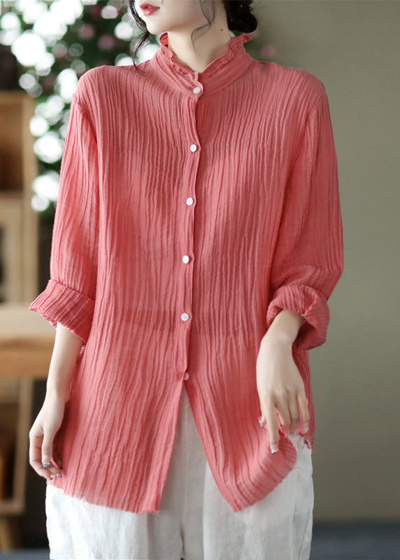 Beautiful Pink Stand Collar Wrinkled Button Linen Shirt Long Sleeve LY2851 - fabuloryshop