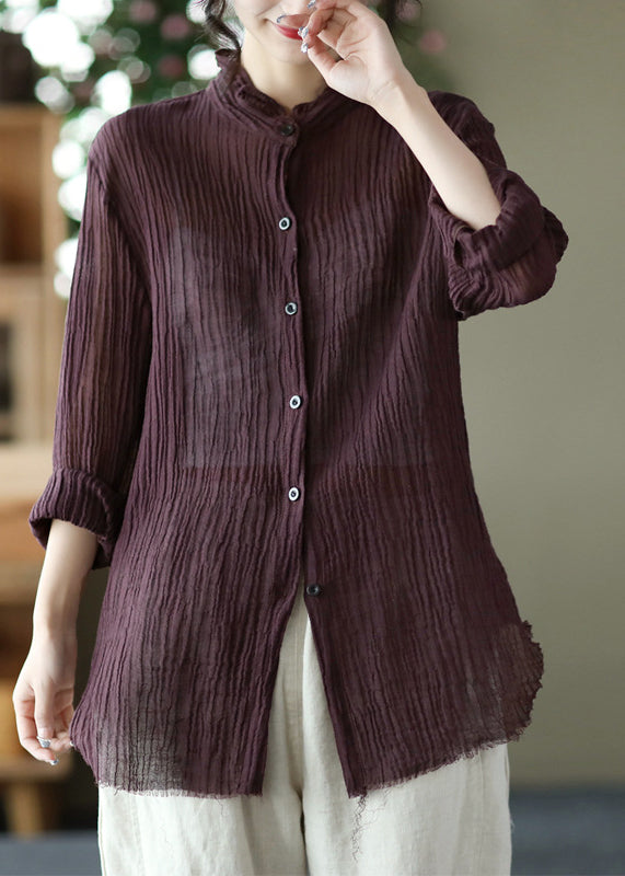 Beautiful Pink Stand Collar Wrinkled Button Linen Shirt Long Sleeve LY2851 - fabuloryshop