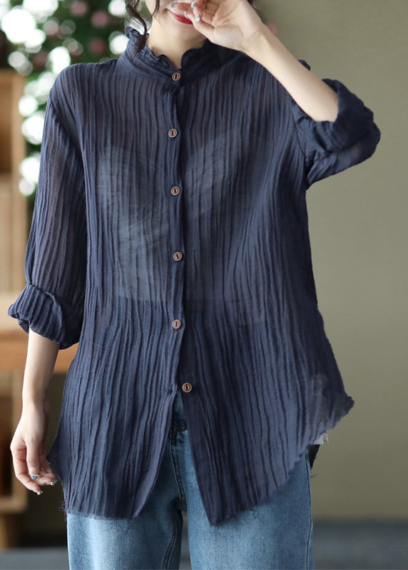 Beautiful Pink Stand Collar Wrinkled Button Linen Shirt Long Sleeve LY2851 - fabuloryshop