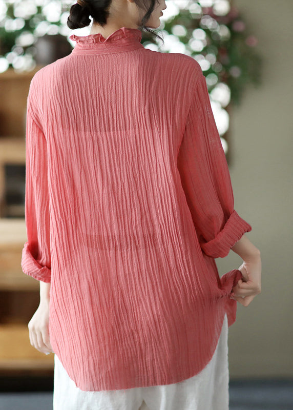 Beautiful Pink Stand Collar Wrinkled Button Linen Shirt Long Sleeve LY2851 - fabuloryshop