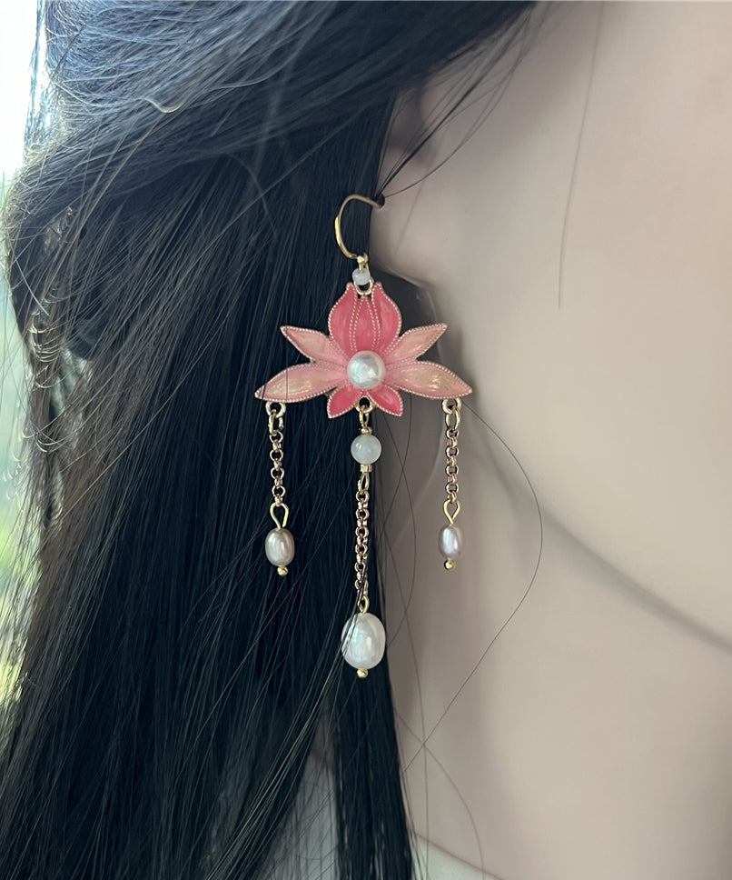 Beautiful Pink Sterling Silver Lotus Drop Earrings LY2265 - fabuloryshop