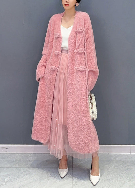 Beautiful Pink V Neck Button Woolen Trench Coat Long Sleeve Ada Fashion