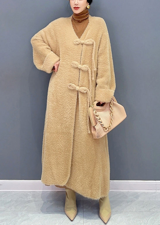 Beautiful Pink V Neck Button Woolen Trench Coat Long Sleeve Ada Fashion