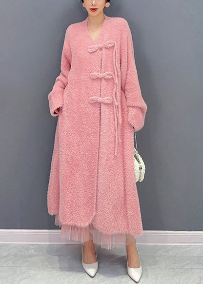 Beautiful Pink V Neck Button Woolen Trench Coat Long Sleeve Ada Fashion