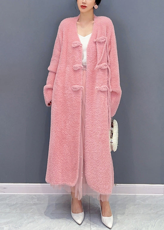 Beautiful Pink V Neck Button Woolen Trench Coat Long Sleeve Ada Fashion