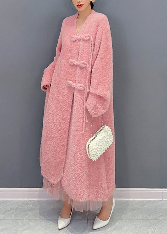 Beautiful Pink V Neck Button Woolen Trench Coat Long Sleeve Ada Fashion