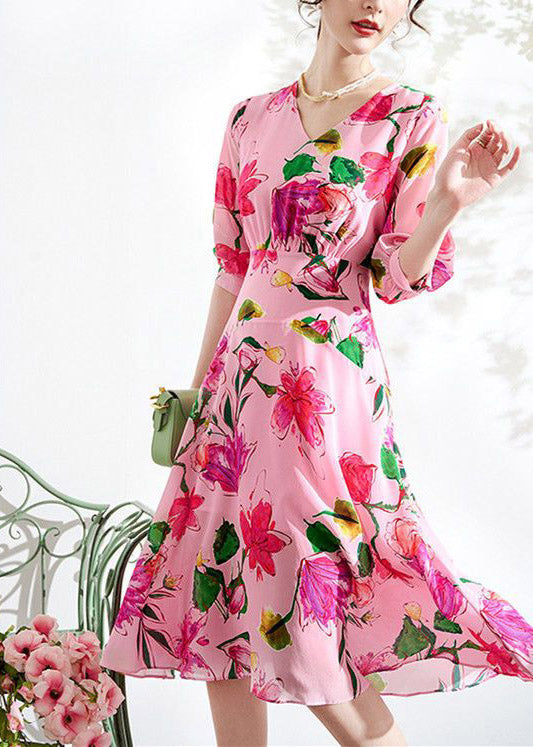 Beautiful Pink V Neck Print Tunic Chiffon Long Dresses Summer LY1519 - fabuloryshop