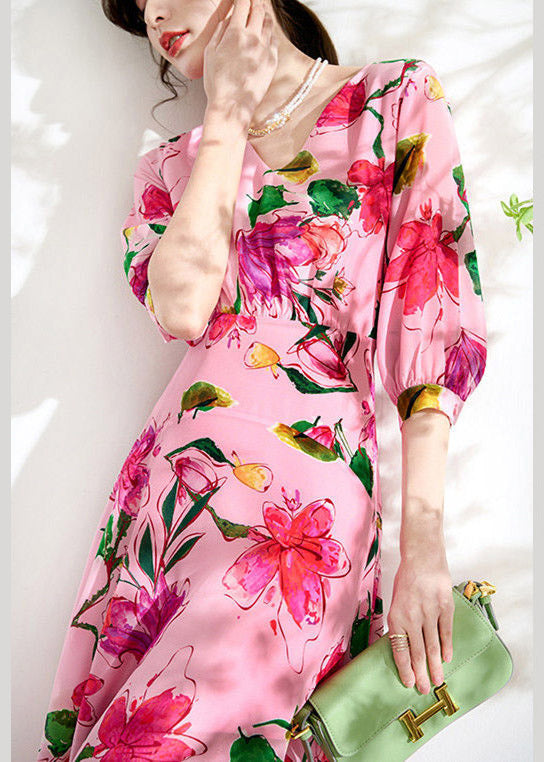 Beautiful Pink V Neck Print Tunic Chiffon Long Dresses Summer LY1519 - fabuloryshop