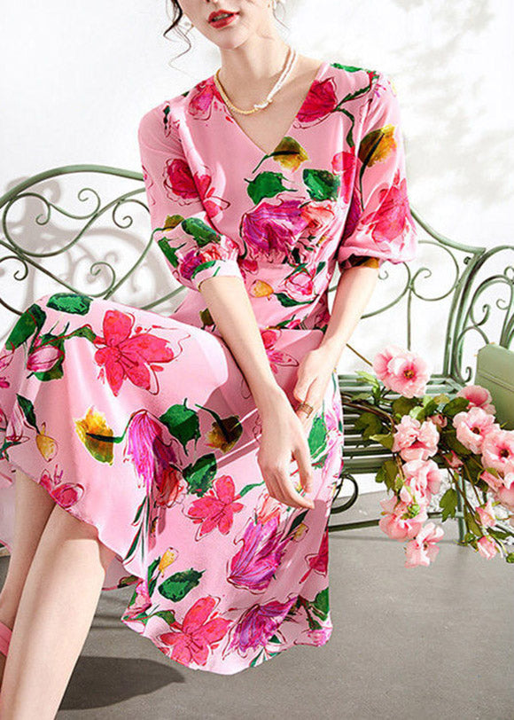 Beautiful Pink V Neck Print Tunic Chiffon Long Dresses Summer LY1519 - fabuloryshop