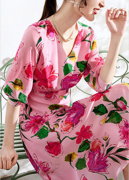Beautiful Pink V Neck Print Tunic Chiffon Long Dresses Summer LY1519 - fabuloryshop