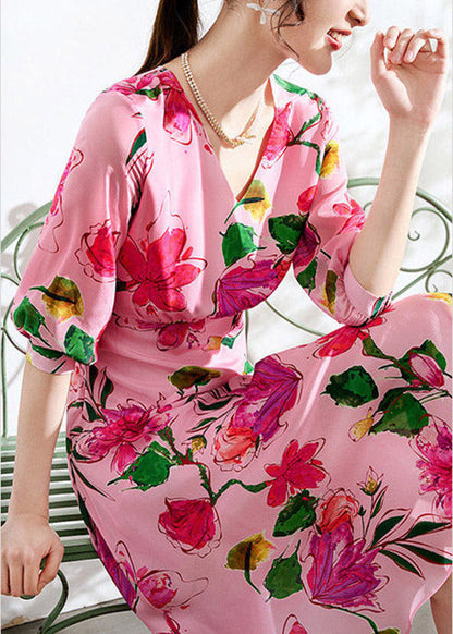 Beautiful Pink V Neck Print Tunic Chiffon Long Dresses Summer LY1519 - fabuloryshop