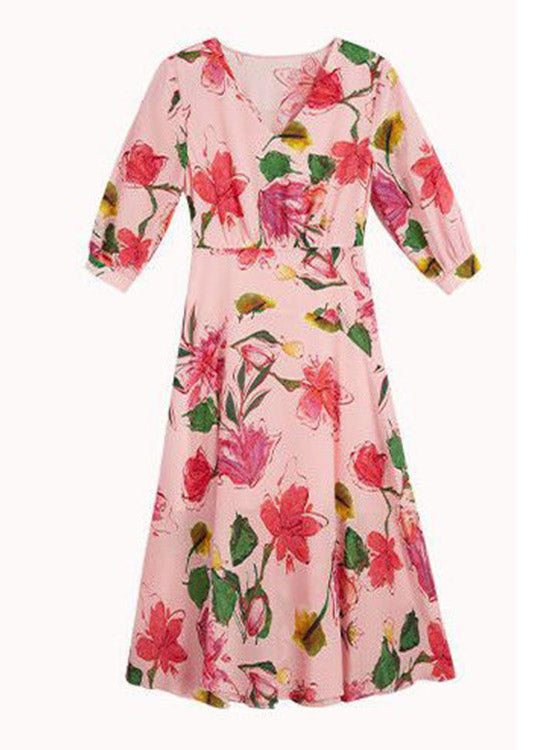 Beautiful Pink V Neck Print Tunic Chiffon Long Dresses Summer LY1519 - fabuloryshop