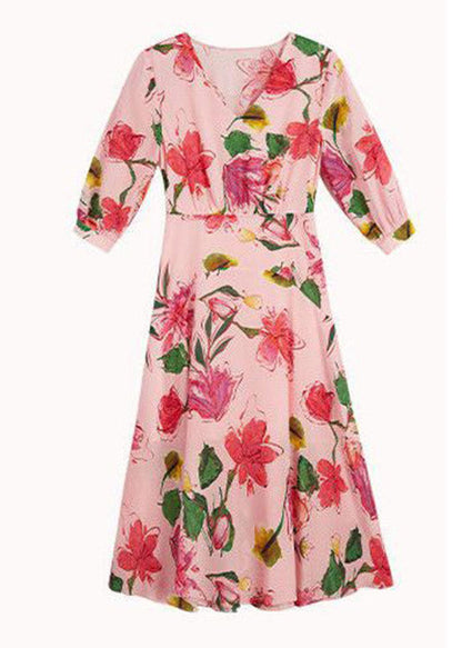 Beautiful Pink V Neck Print Tunic Chiffon Long Dresses Summer LY1519 - fabuloryshop