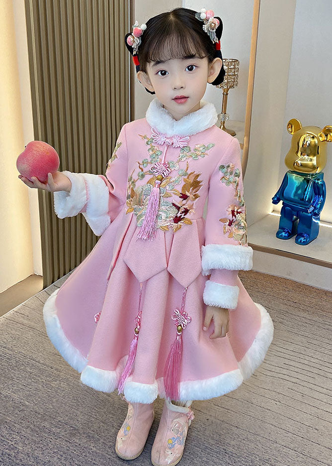 Beautiful Pink Warm Fleece Button Girls Holiday Long Dress Winter Ada Fashion