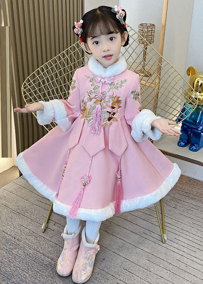 Beautiful Pink Warm Fleece Button Girls Holiday Long Dress Winter Ada Fashion