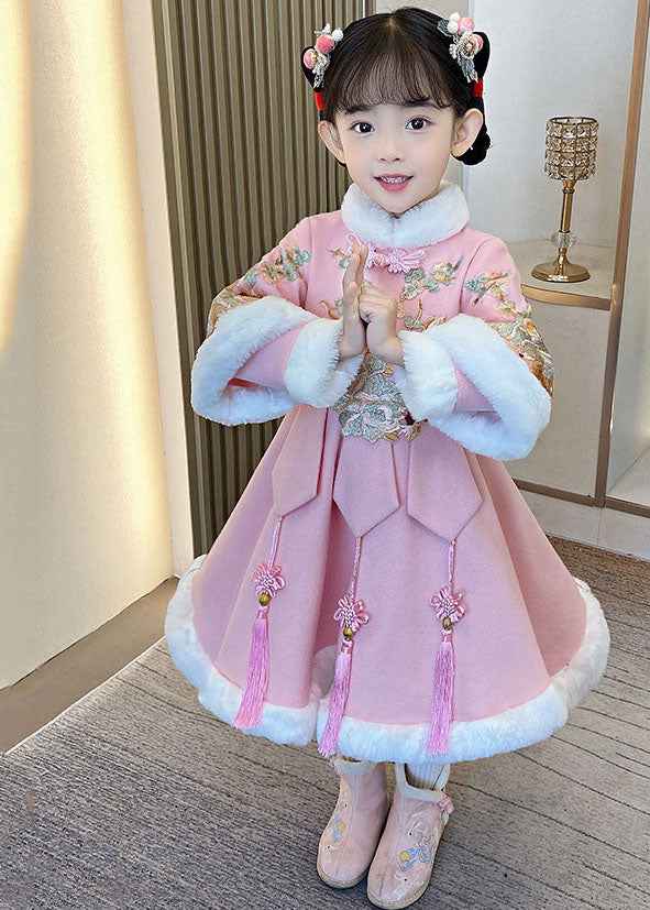 Beautiful Pink Warm Fleece Button Girls Holiday Long Dress Winter Ada Fashion