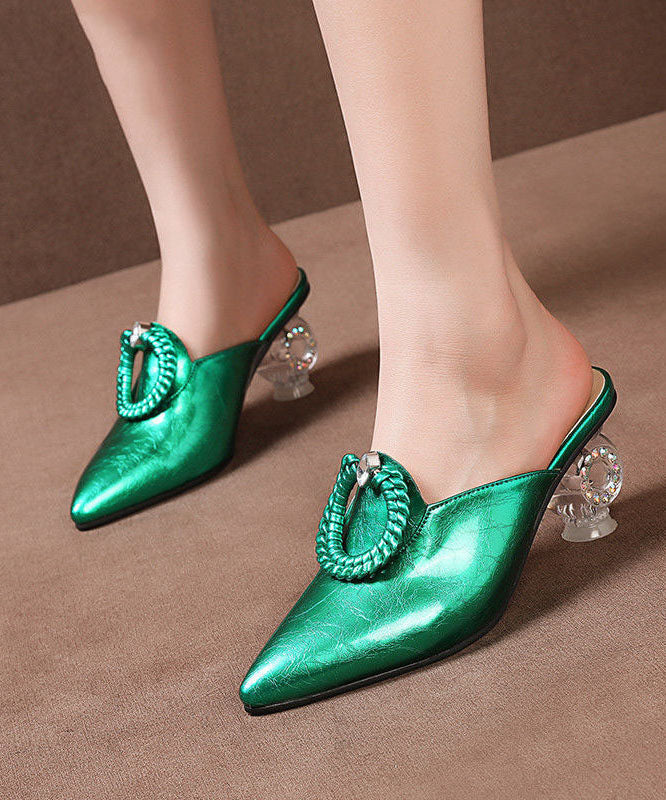 Beautiful Pointed Toe Chunky Clear Heels Green Cowhide Leather Slide Sandals LC0166 - fabuloryshop