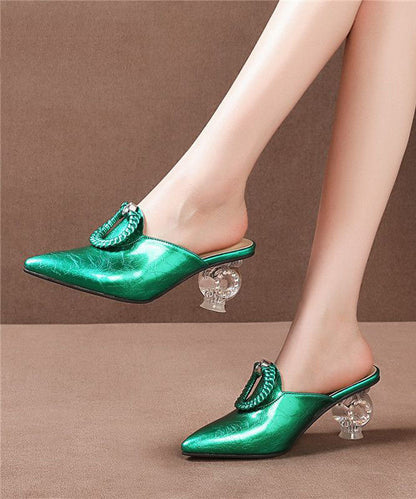 Beautiful Pointed Toe Chunky Clear Heels Green Cowhide Leather Slide Sandals LC0166 - fabuloryshop