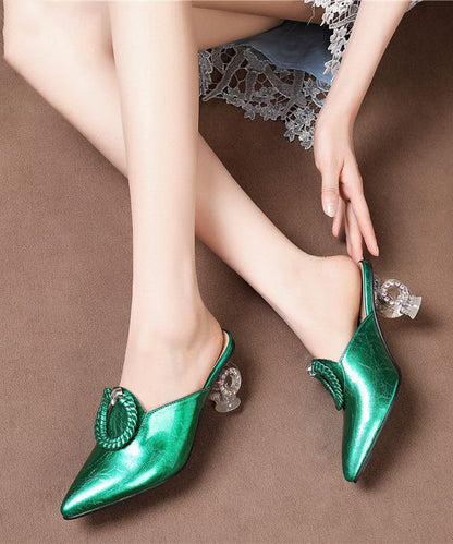 Beautiful Pointed Toe Chunky Clear Heels Green Cowhide Leather Slide Sandals LC0166 - fabuloryshop