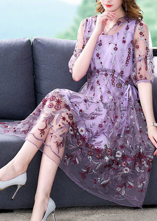 Beautiful Purple Embroideried Hollow Out Tulle Long Dress Summer TH1003 - fabuloryshop