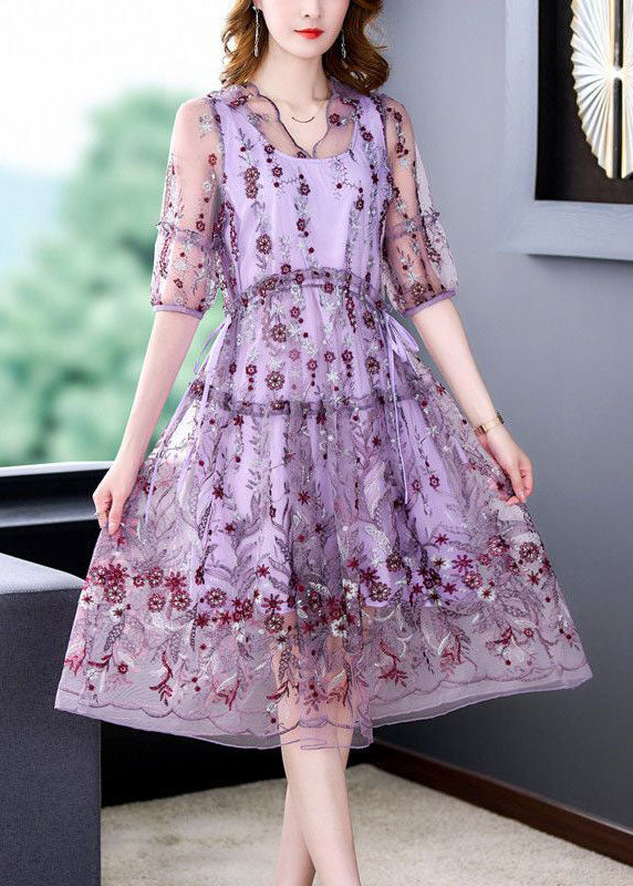 Beautiful Purple Embroideried Hollow Out Tulle Long Dress Summer TH1003 - fabuloryshop