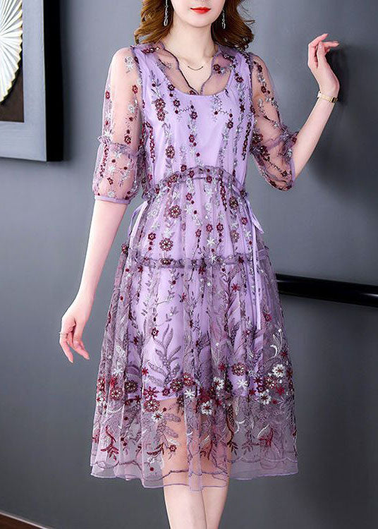 Beautiful Purple Embroideried Hollow Out Tulle Long Dress Summer TH1003 - fabuloryshop