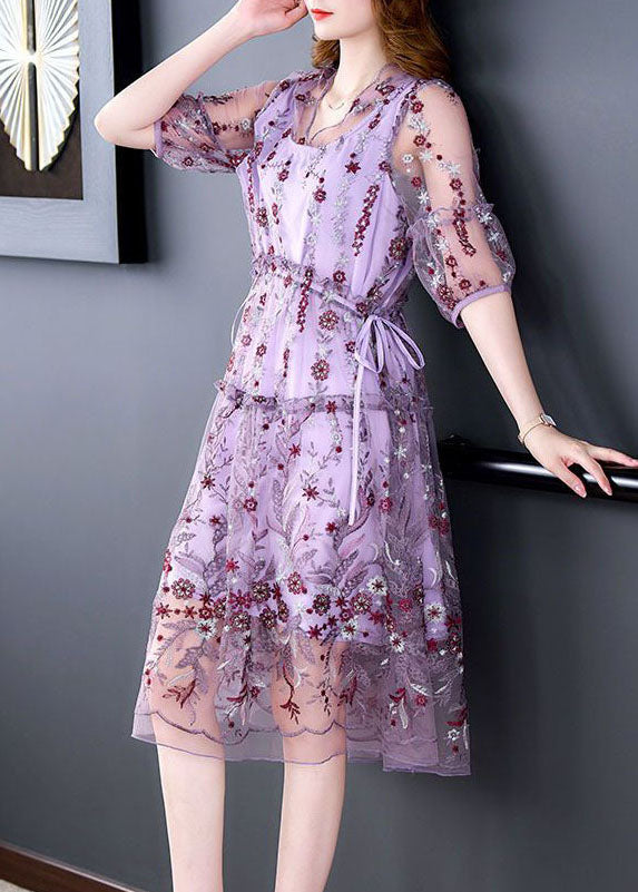 Beautiful Purple Embroideried Hollow Out Tulle Long Dress Summer TH1003 - fabuloryshop