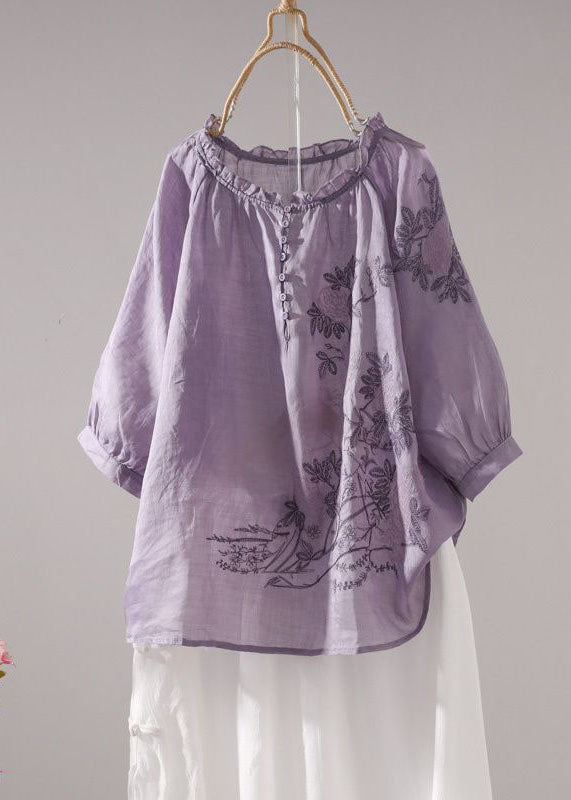 Beautiful Purple Embroideried Patchwork Linen T Shirt Top Summer LY0616