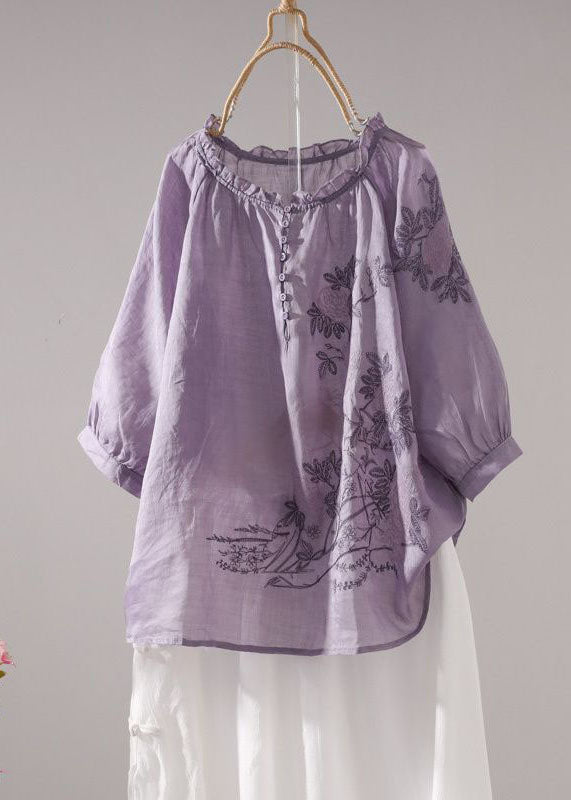 Beautiful Purple Embroideried Patchwork Linen T Shirt Top Summer LY0616 - fabuloryshop