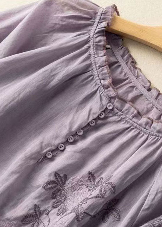 Beautiful Purple Embroideried Patchwork Linen T Shirt Top Summer LY0616