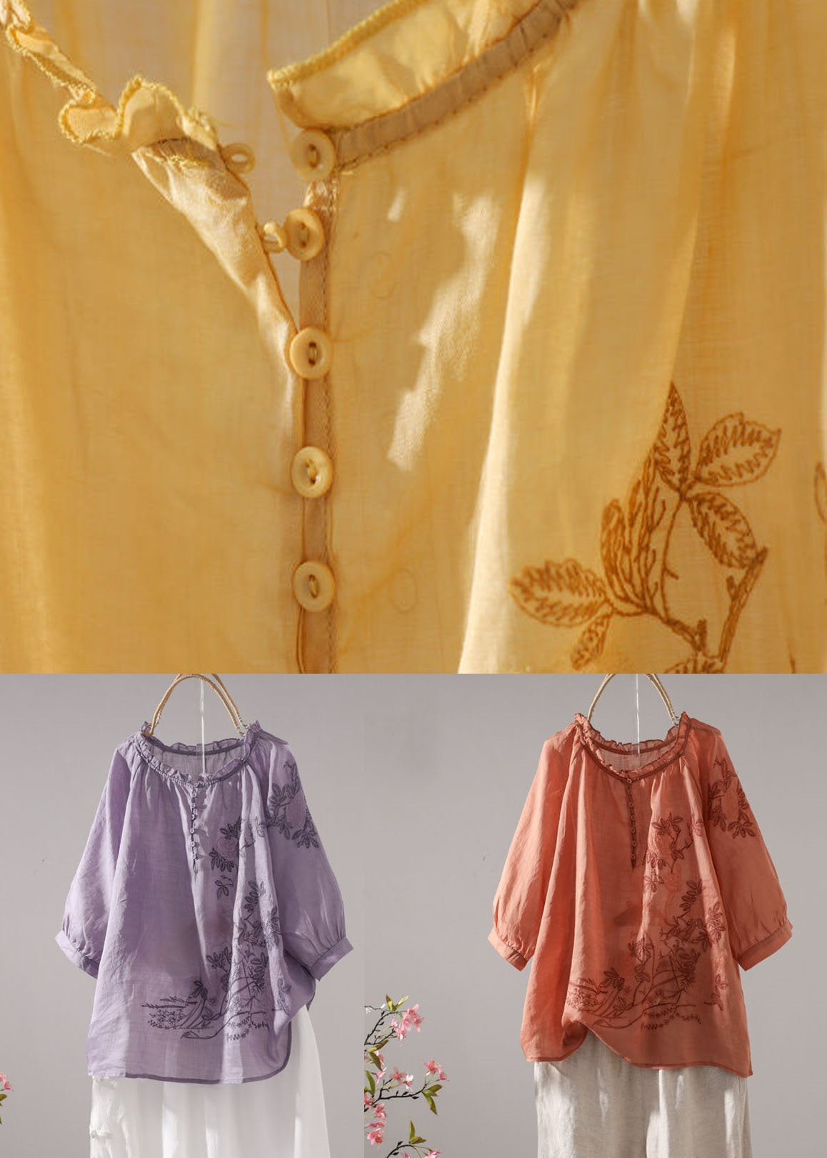 Beautiful Purple Embroideried Patchwork Linen T Shirt Top Summer LY0616 - fabuloryshop