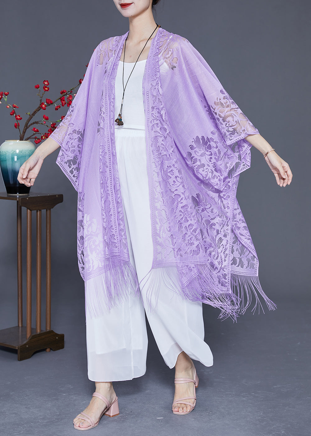 Beautiful Purple Hollow Out Tasseled Lace Scarf LY2331 - fabuloryshop