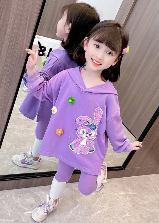 Beautiful Purple Hooded Print Patchwork Cotton Girls Two Pieces Set Fall Ada Fashion